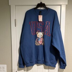 Gildan Blue Crewneck Sweater with USA Teddy Bear